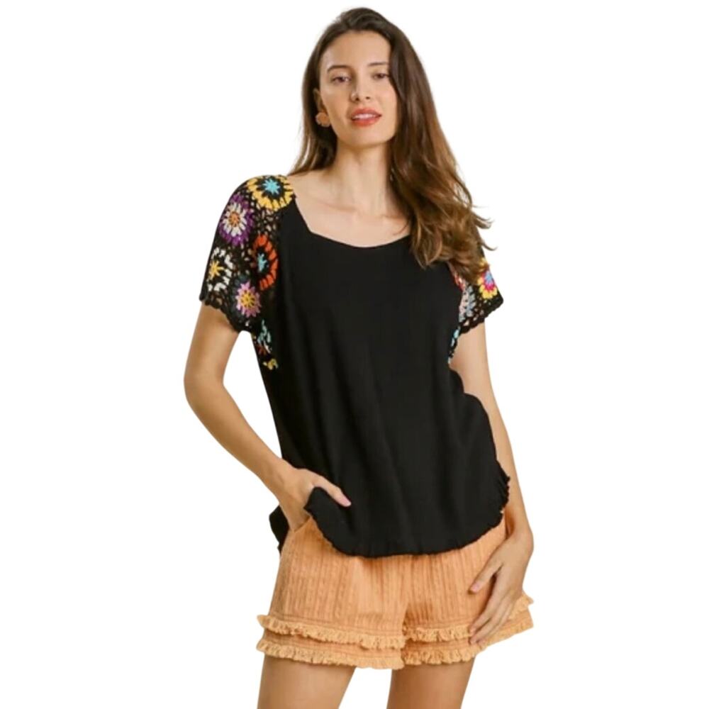 NWT UMGEE Women’s Boho Crochet Short Sleeve Black Knit Tshirt